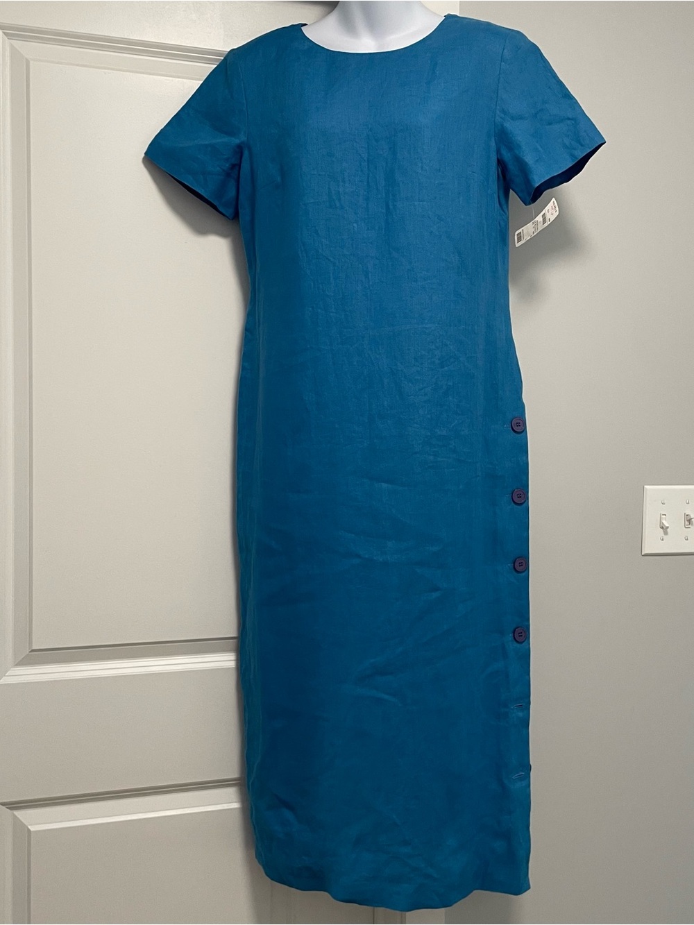 Elegant Vintage Talbots Irish Linen Teal Short-Sleeve Midi Shift Dress